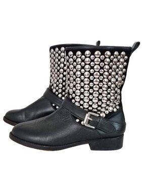 REBECCA MINKOFF Black Saida Ankle Strap Studded Leather Moto Boots - Women's 7.5